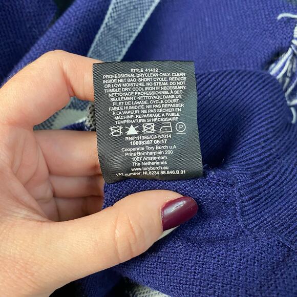 Tory Burch Gwen Sweater Blue and White Checked with Fringe‎ Size Small - Picture 6 of 7